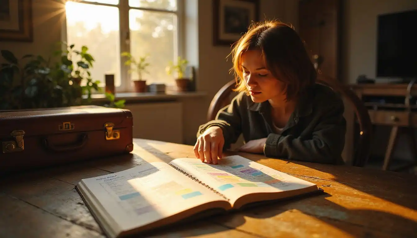 A traveler eagerly examines an open travel planner and suitcase. A traveler eagerly examines an open travel planner and suitcase.