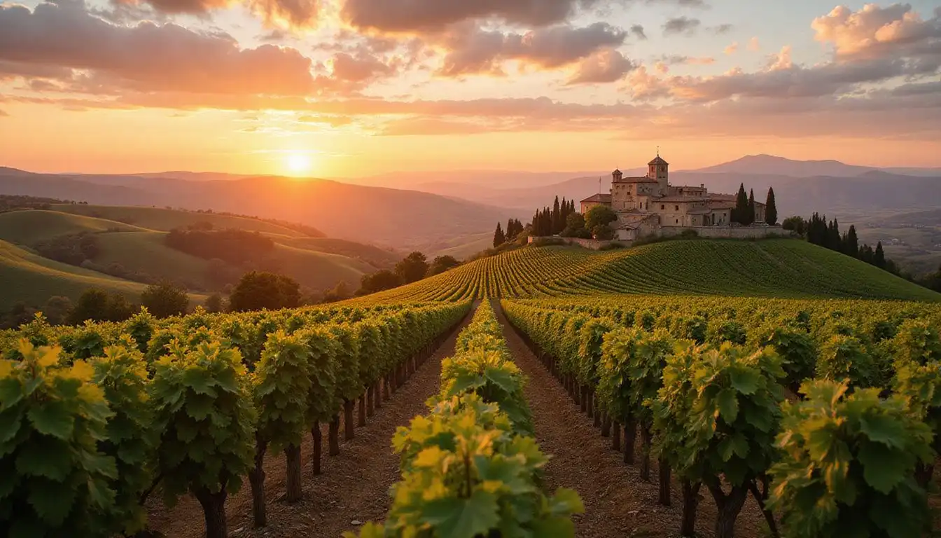 A picturesque Tuscan vineyard landscape with rolling hills and a village. A picturesque Tuscan vineyard landscape with rolling hills and a village.