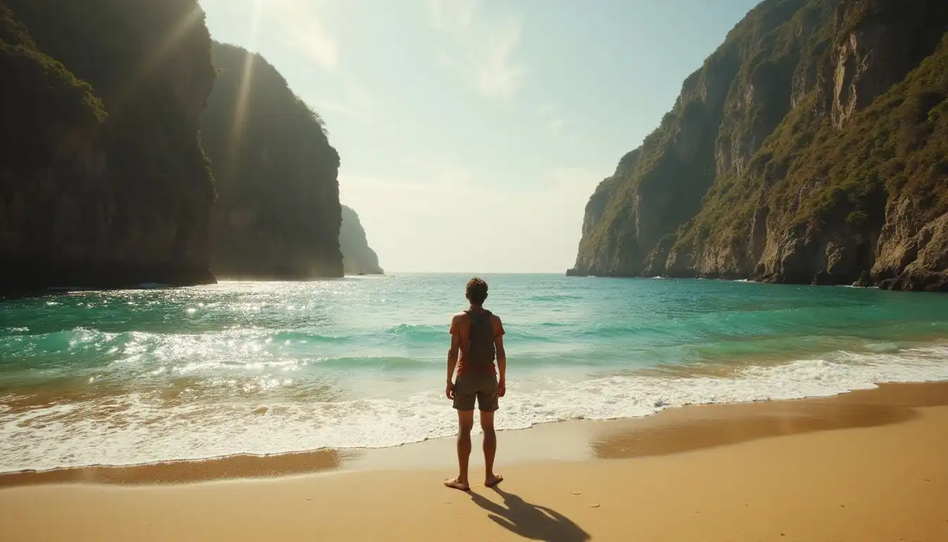 A solitary traveler contemplates the tranquil beauty of a secluded beach. A solitary traveler contemplates the tranquil beauty of a secluded beach.