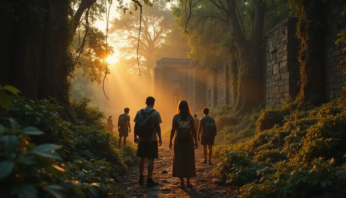 A diverse group of explorers examines ancient ruins in a dense jungle.