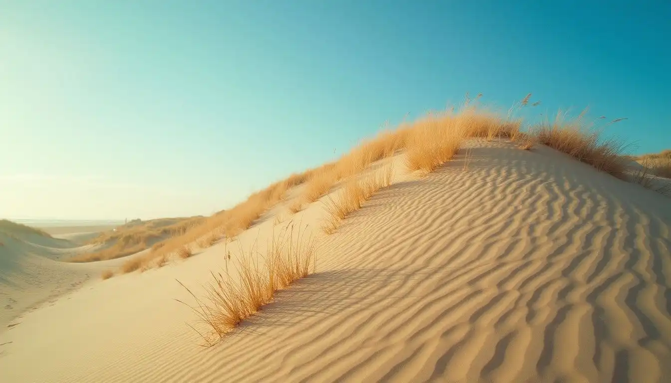 A majestic sand dune rises against a vibrant blue sky. A majestic sand dune rises against a vibrant blue sky.