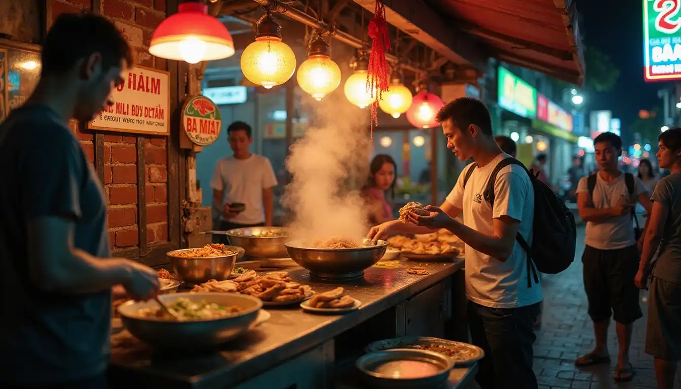 A vibrant Hanoi street bustling with food vendors and lively tourists. A vibrant Hanoi street bustling with food vendors and lively tourists.