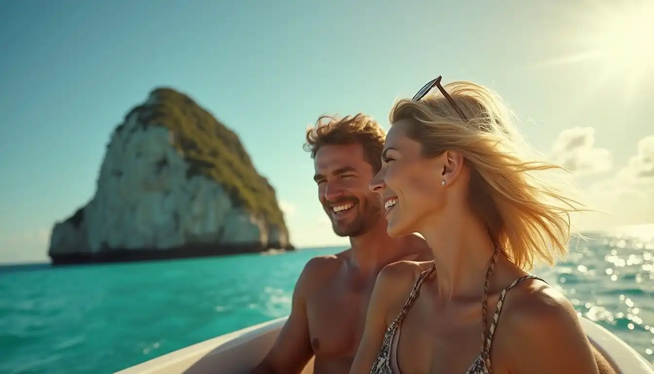 A couple enjoys a joyful moment aboard a boat near Heart Reef.