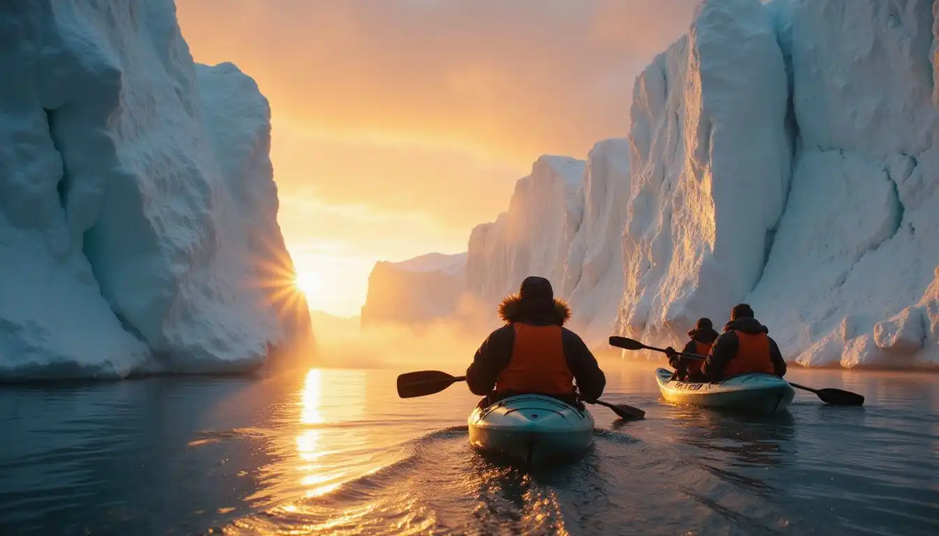 Kayakers navigate serene Arctic waters amidst towering icebergs at sunset. Kayakers navigate serene Arctic waters amidst towering icebergs at sunset.