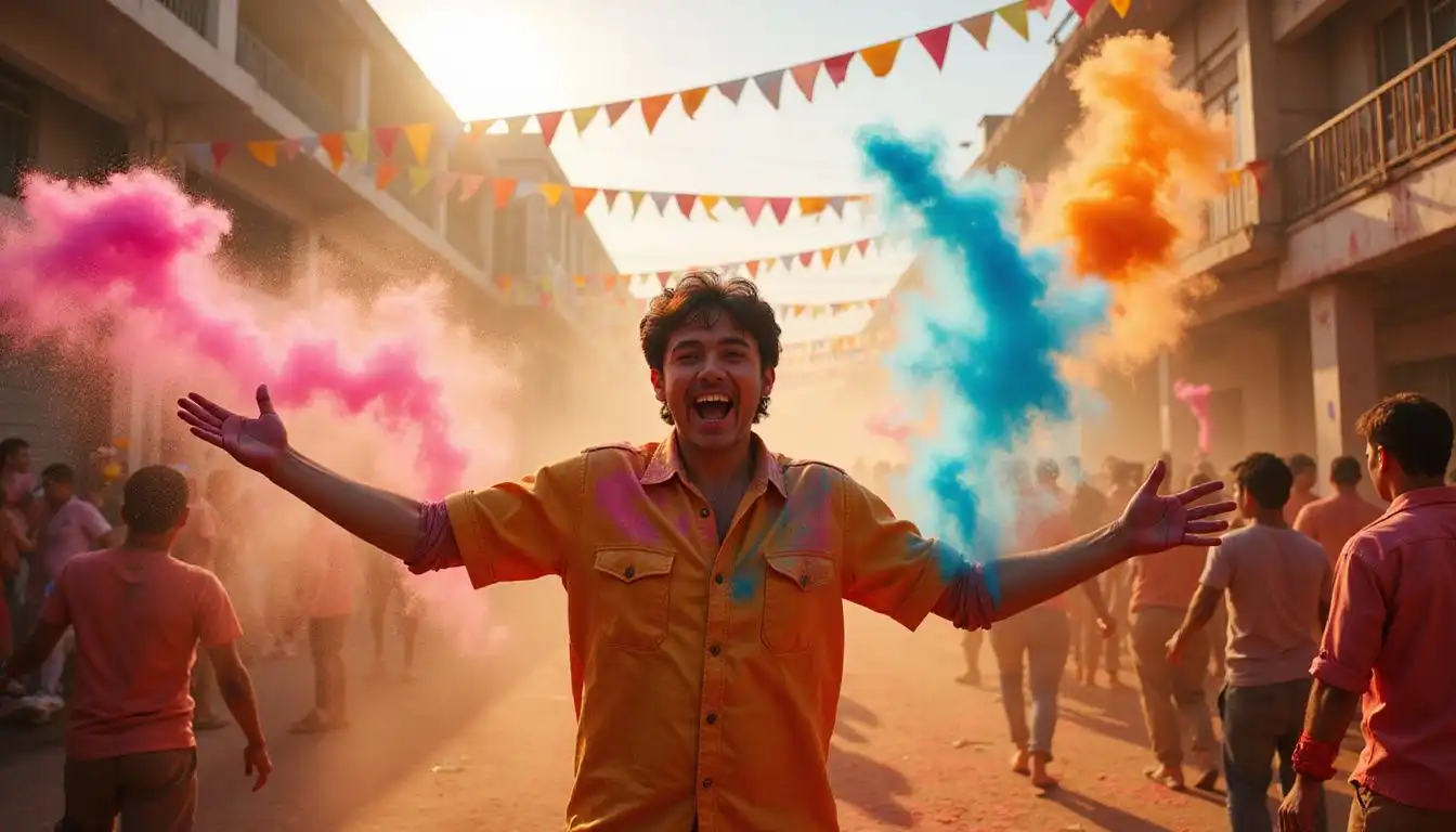 A joyful person leaps, scattering vibrant powders at the Holi Festival. A joyful person leaps, scattering vibrant powders at the Holi Festival.
