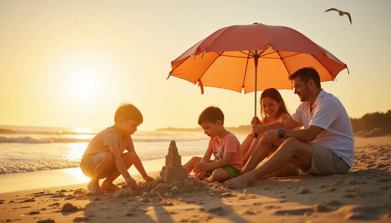 A family enjoys a joyful beach day building sandcastles together. A family enjoys a joyful beach day building sandcastles together.