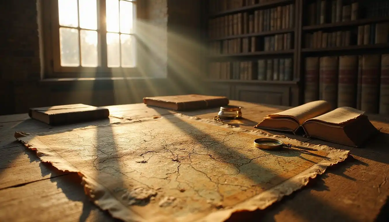 A weathered map and guides evoke a sense of adventure. A weathered map and guides evoke a sense of adventure.