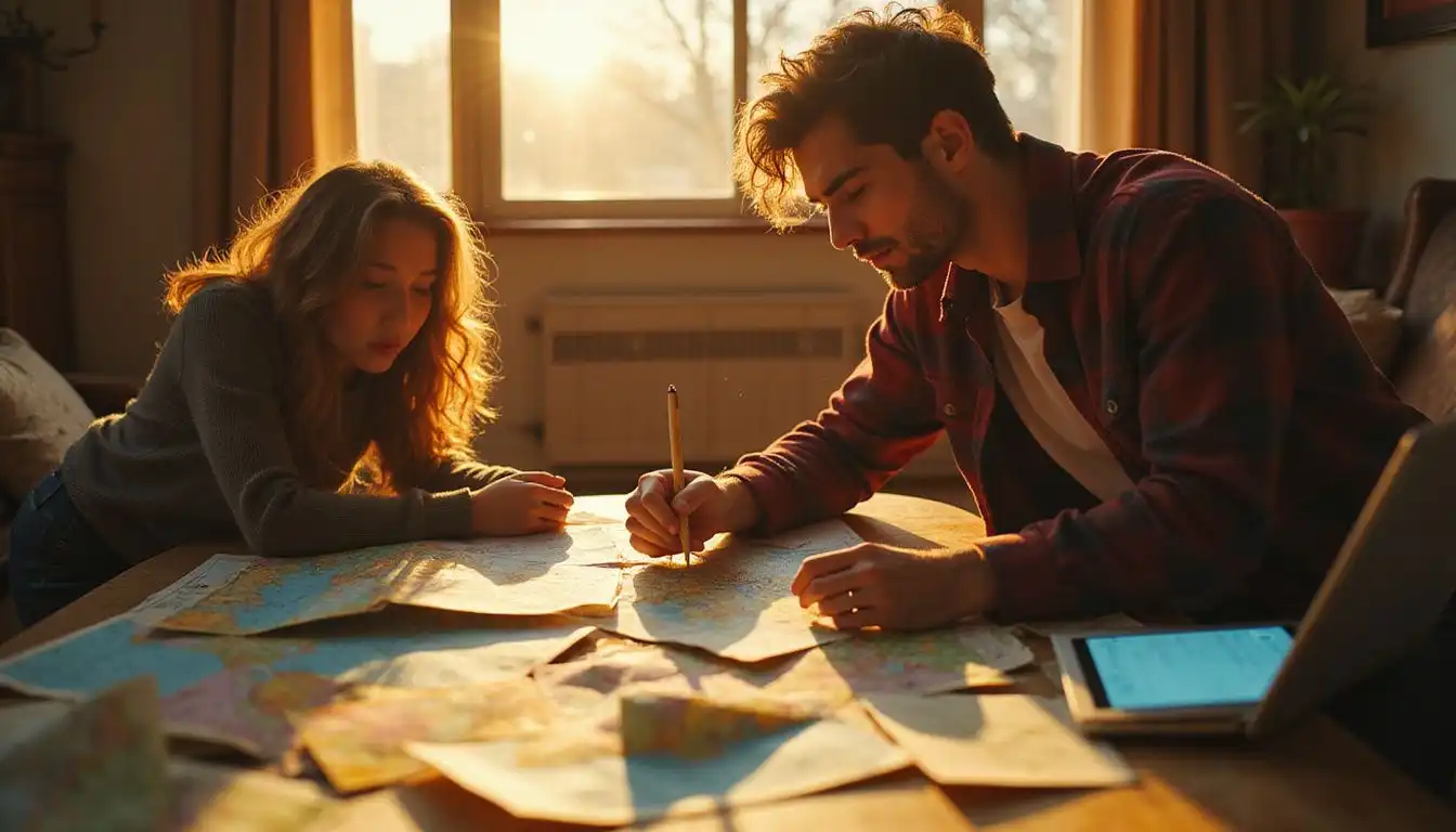 A couple eagerly plans their next adventure with maps and guides.