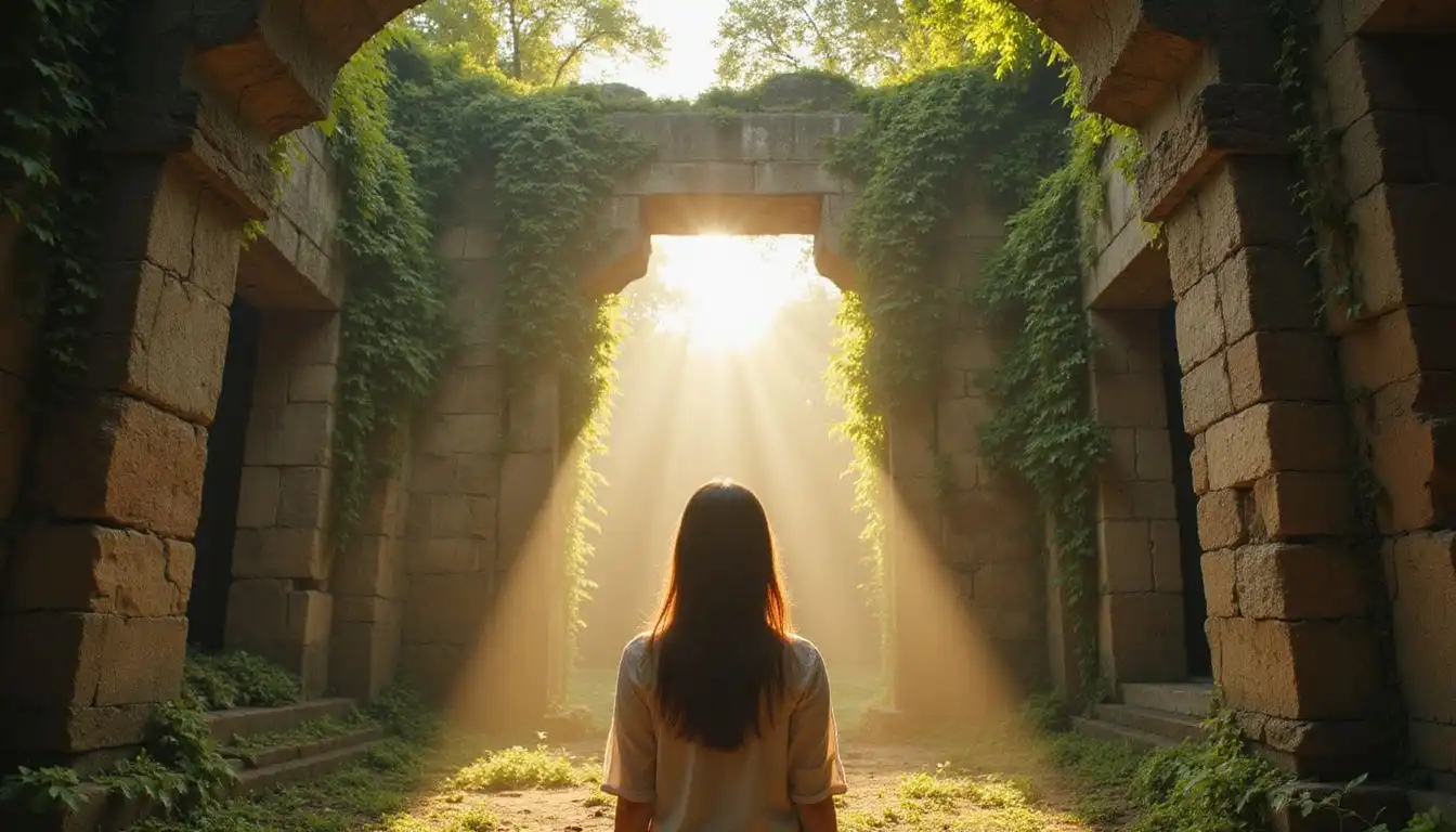 A young woman explores ancient temple ruins with awe and curiosity.