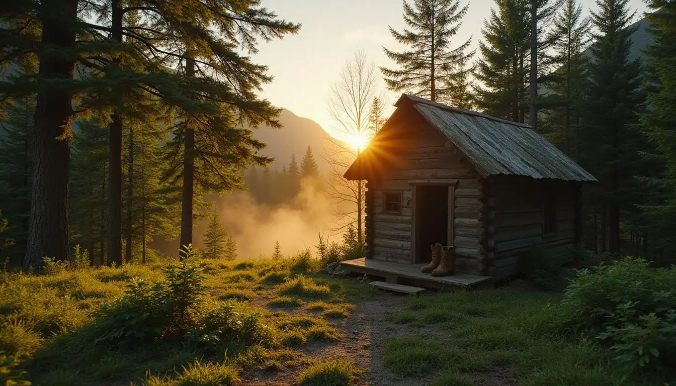 A weathered hut in a lush forest suggests a solitary adventure. A weathered hut in a lush forest suggests a solitary adventure.
