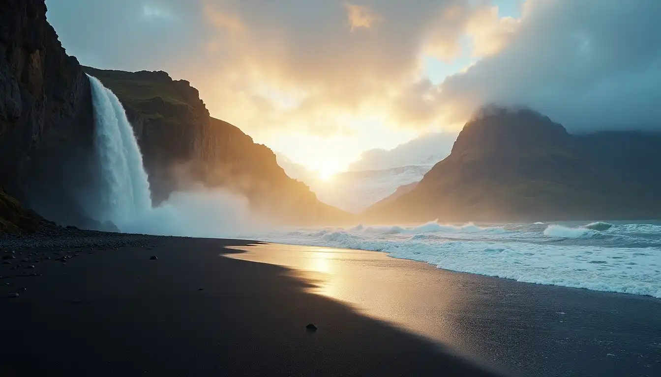 A breathtaking black sand beach in Iceland with dramatic cliffs and a waterfall. A breathtaking black sand beach in Iceland with dramatic cliffs and a waterfall.