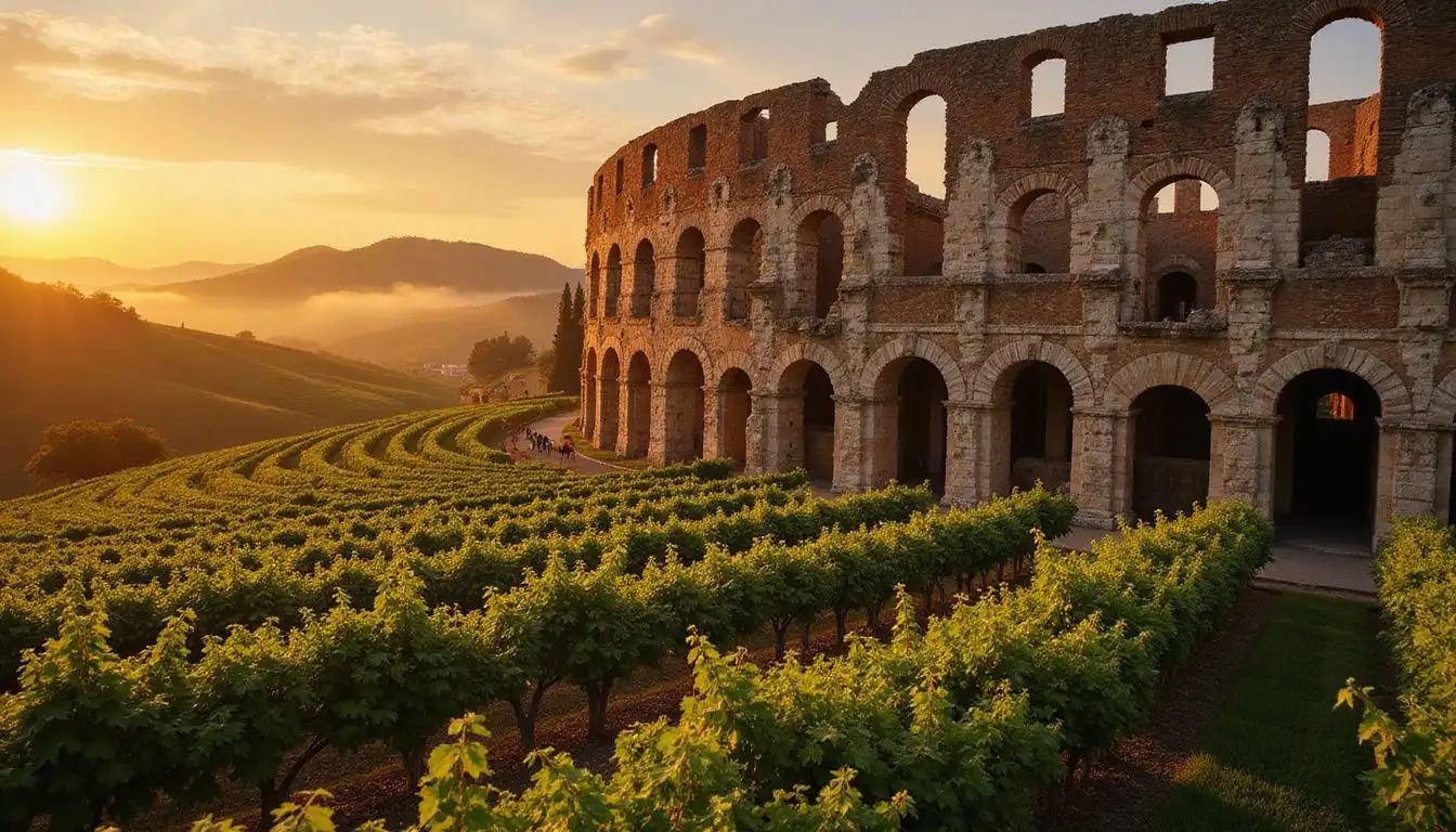 A majestic Roman amphitheater amidst lush Tuscan vineyards and rolling hills. A majestic Roman amphitheater amidst lush Tuscan vineyards and rolling hills.