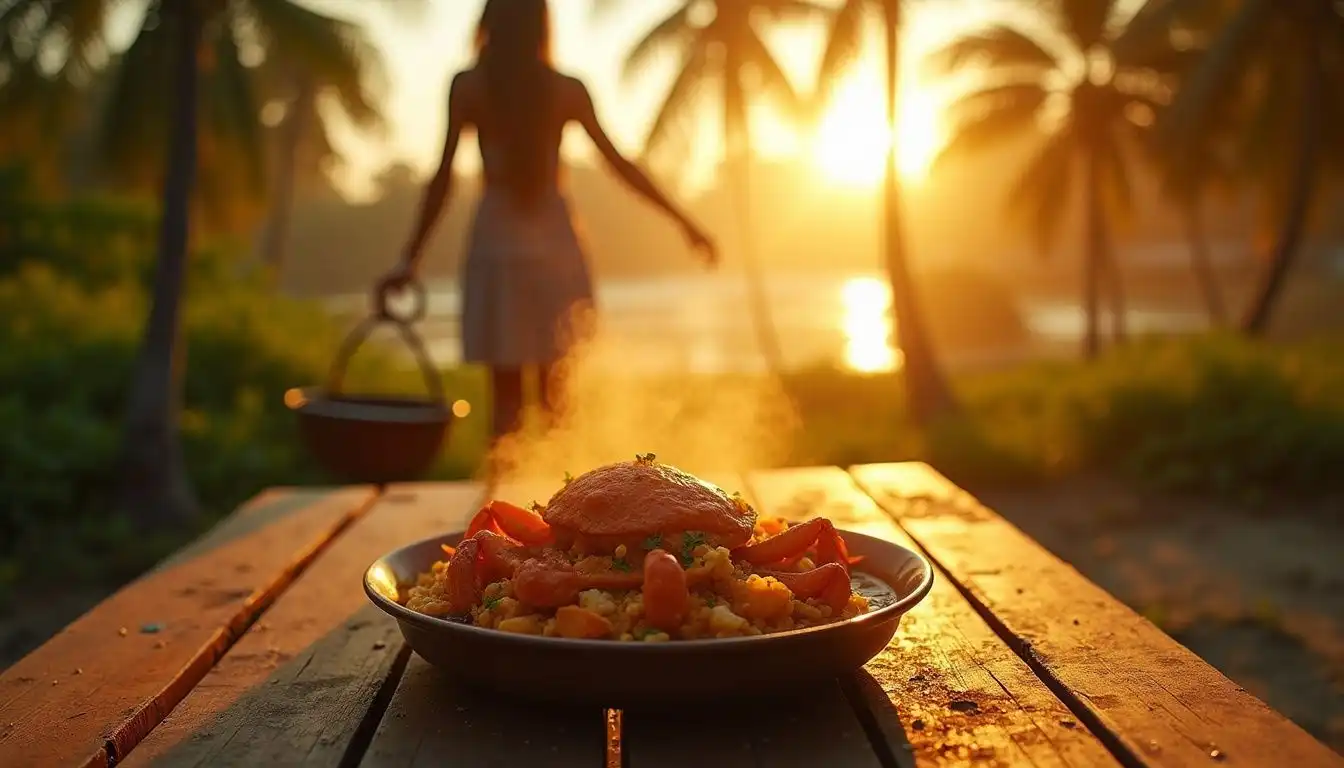 A vibrant Jaffna crab curry on a rustic wooden table. A vibrant Jaffna crab curry on a rustic wooden table.