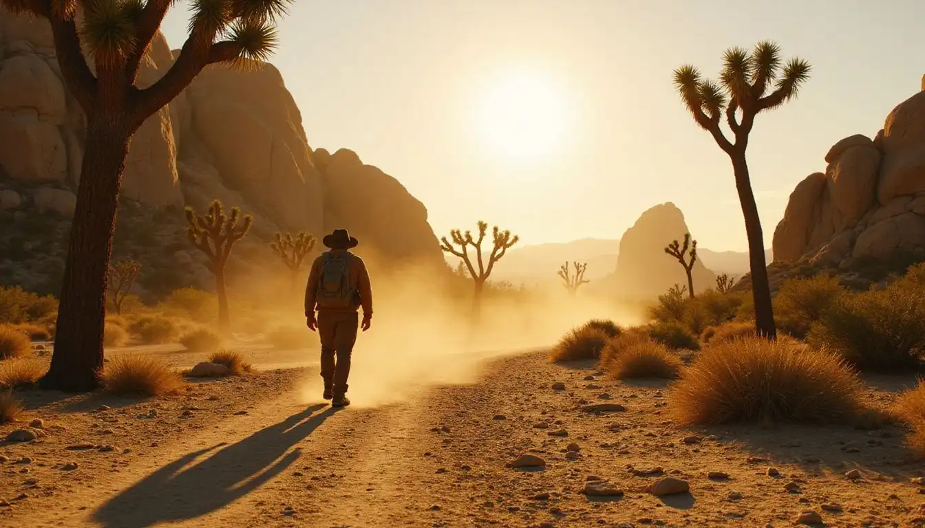 A solitary hiker traverses the vast landscape of Joshua Tree National Park. A solitary hiker traverses the vast landscape of Joshua Tree National Park.