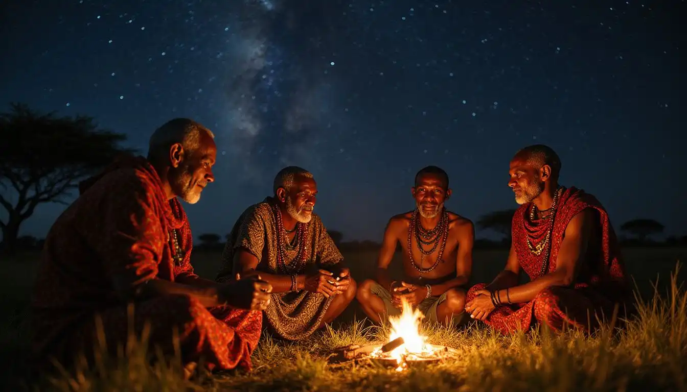 Maasai elders share stories by a fire under a starry sky. Maasai elders share stories by a fire under a starry sky.