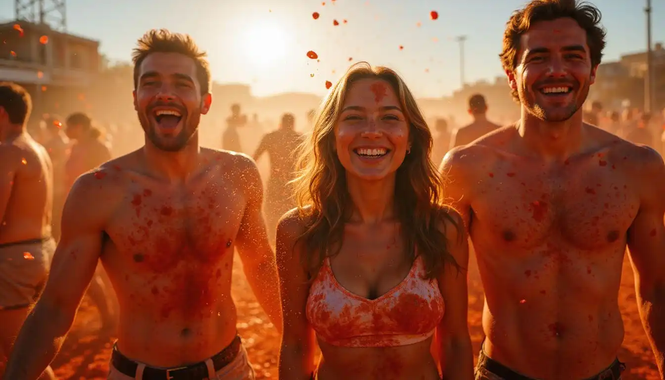 A lively group revels in the chaotic La Tomatina festival. A lively group revels in the chaotic La Tomatina festival.
