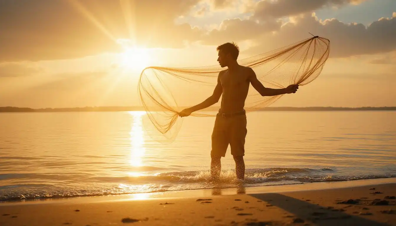 A fisherman casts his net on tranquil Lake Malawi at dawn. A fisherman casts his net on tranquil Lake Malawi at dawn.