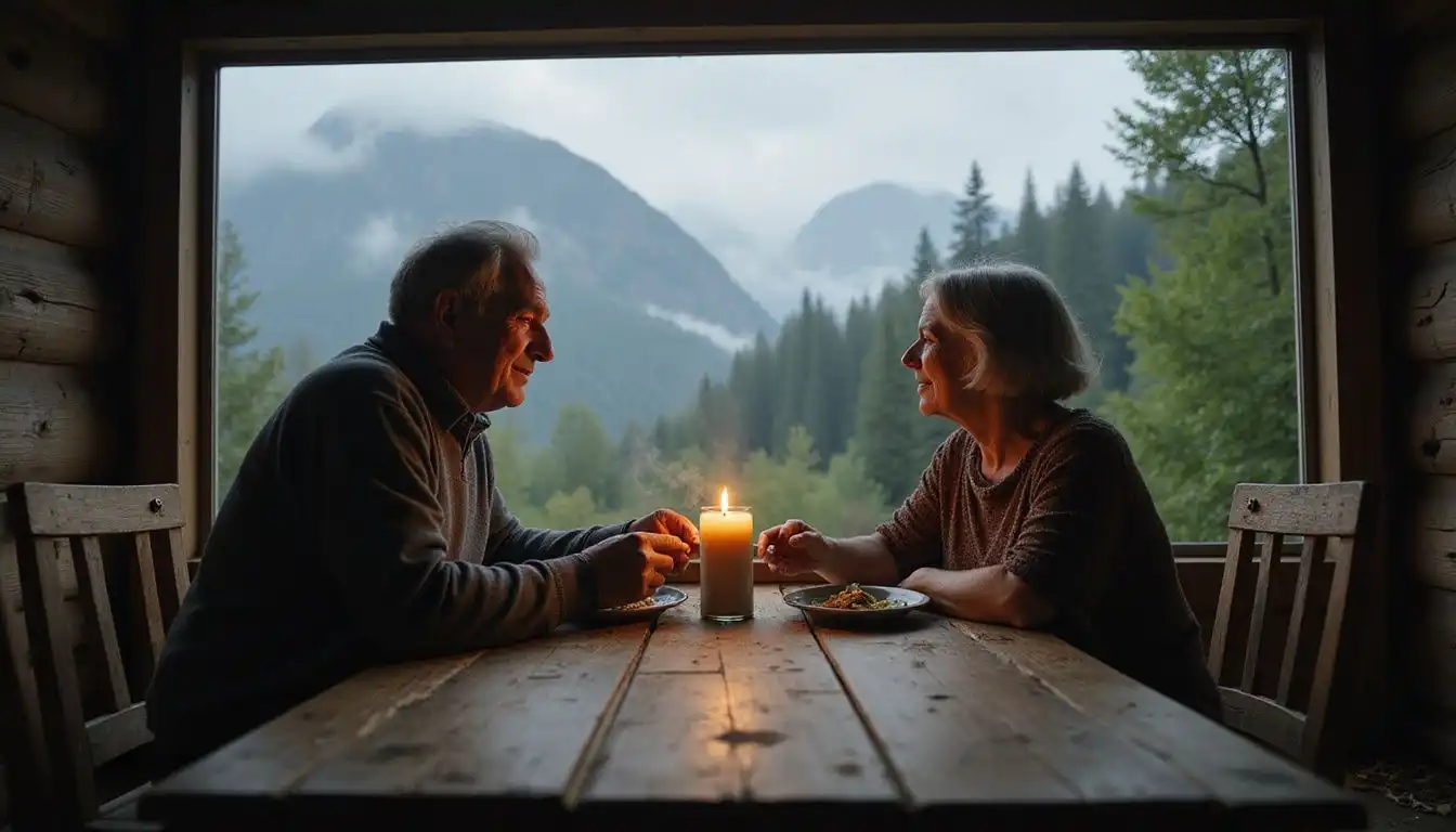 An elderly couple shares a traditional meal in a cozy cabin. An elderly couple shares a traditional meal in a cozy cabin.