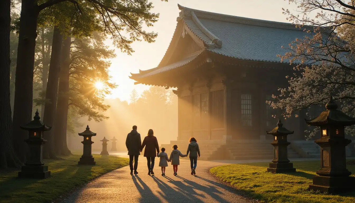 A family explores an ancient Japanese temple surrounded by nature. A family explores an ancient Japanese temple surrounded by nature.