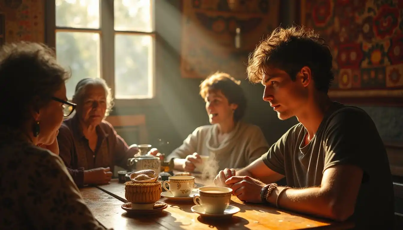 A tourist enjoys tea amidst lively locals in a rustic cafe. A tourist enjoys tea amidst lively locals in a rustic cafe.