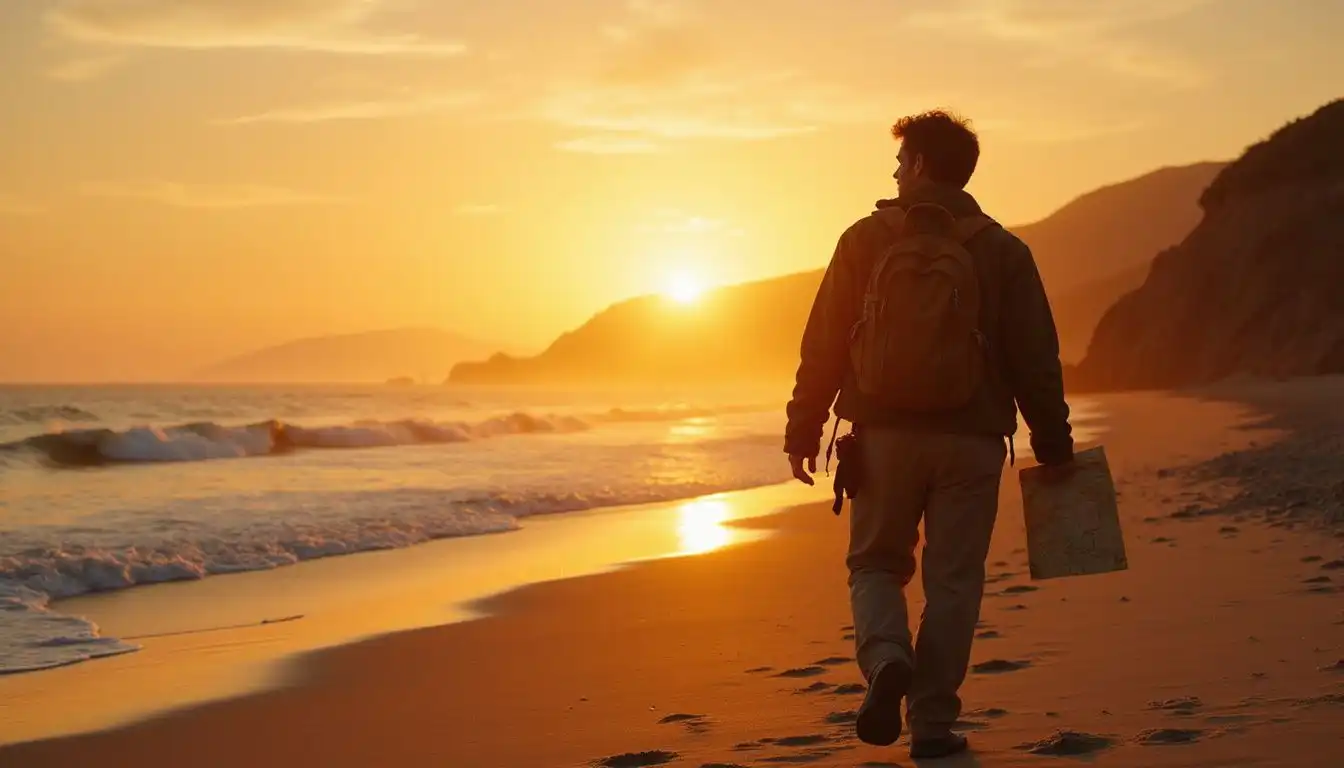 A solitary traveler walks a deserted beach, embracing introspection and discovery. A solitary traveler walks a deserted beach, embracing introspection and discovery.