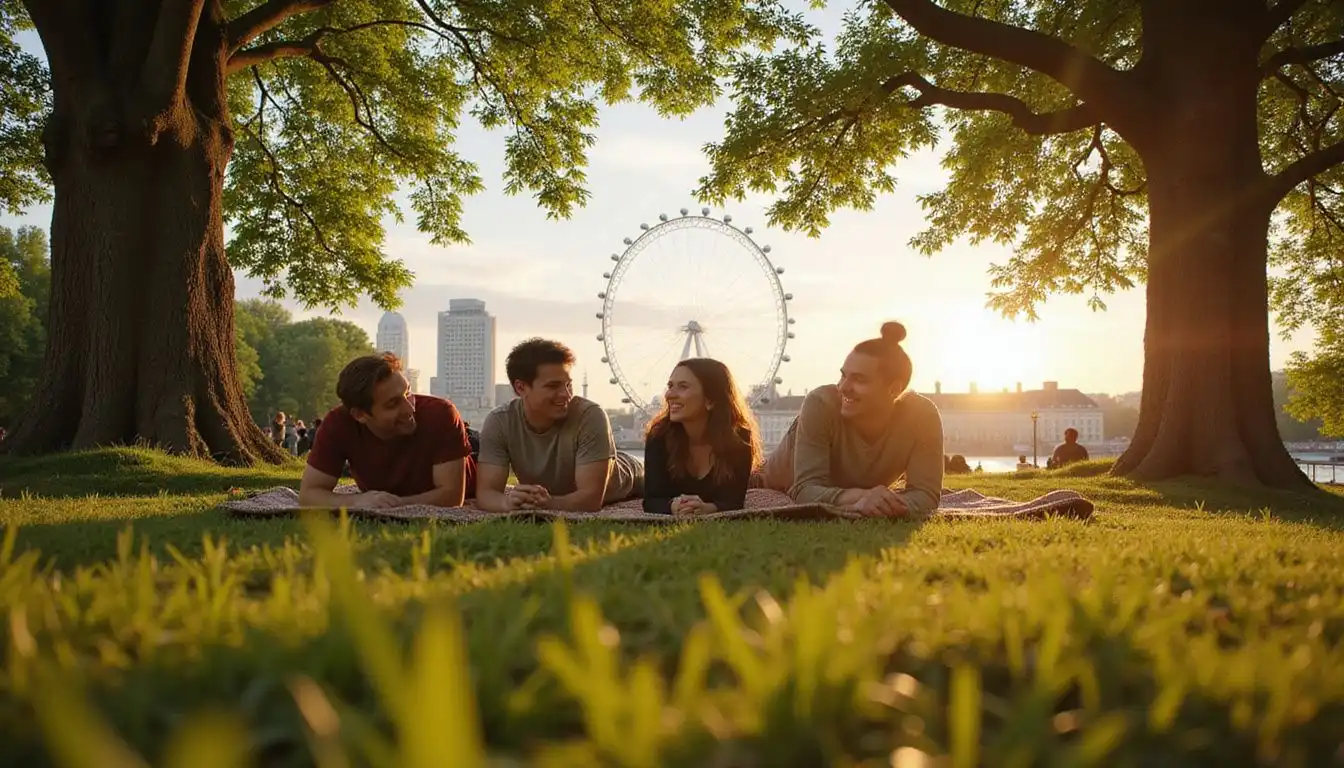 A joyful group of friends relaxes in Hyde Park's greenery. A joyful group of friends relaxes in Hyde Park's greenery.
