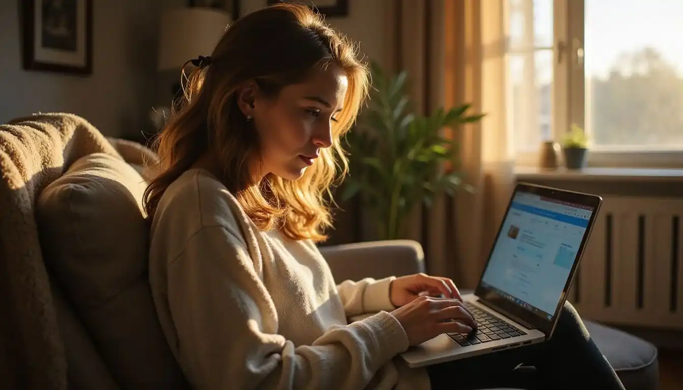 A woman plans her upcoming trip on a laptop with determination.