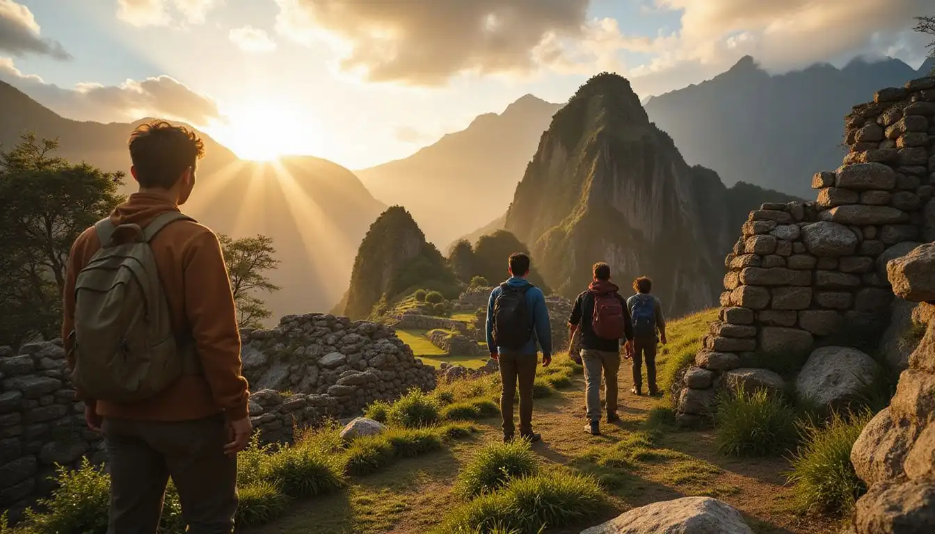 Young hikers experience awe amidst the ancient ruins of Machu Picchu. Young hikers experience awe amidst the ancient ruins of Machu Picchu.