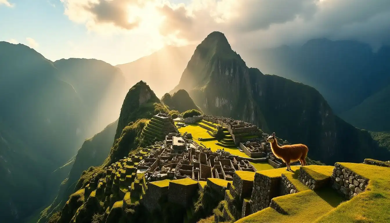 A solitary llama stands amidst the ancient ruins of Machu Picchu. A solitary llama stands amidst the ancient ruins of Machu Picchu.