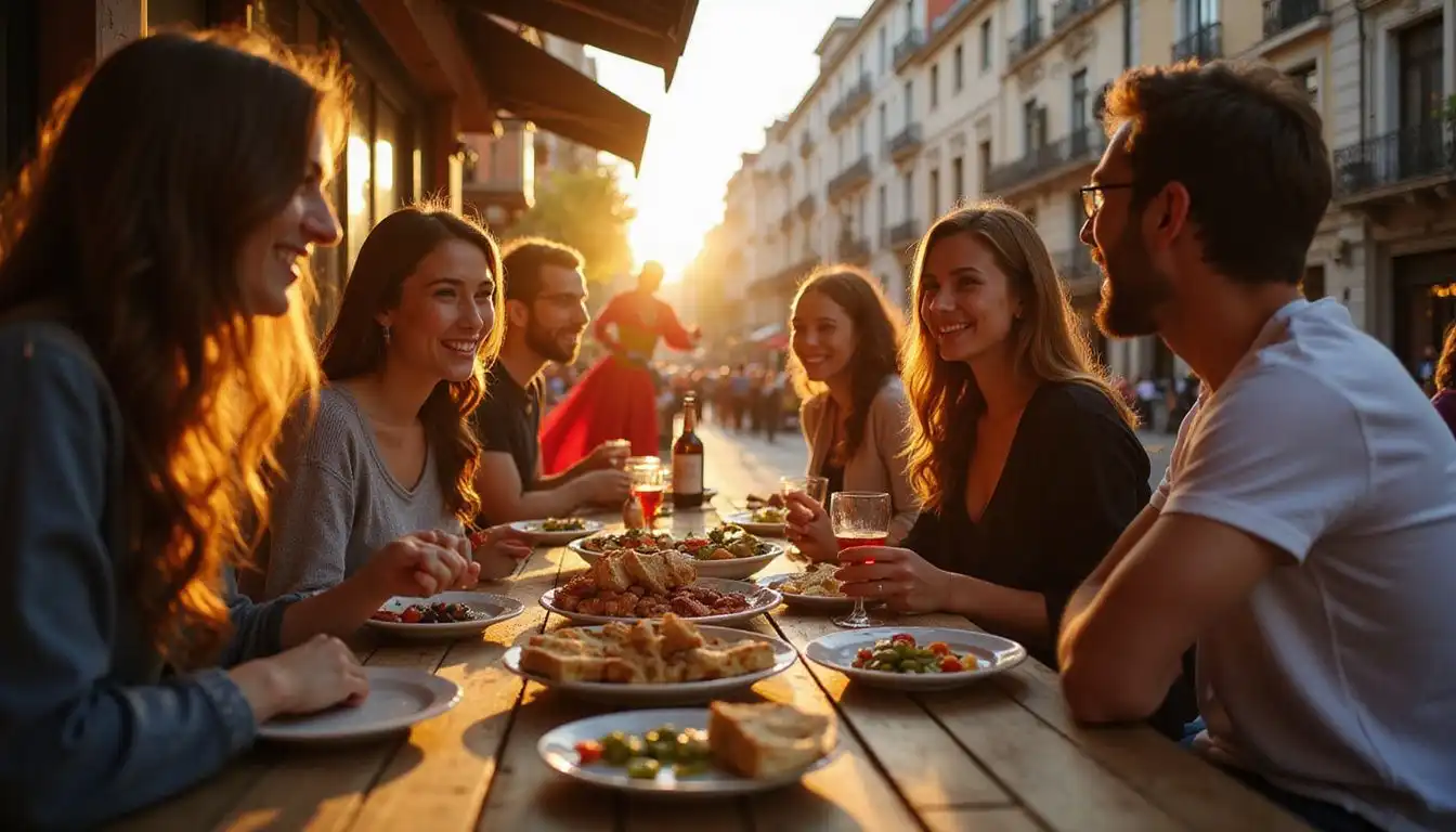 A lively group enjoys traditional Spanish tapas at an outdoor bar. A lively group enjoys traditional Spanish tapas at an outdoor bar.