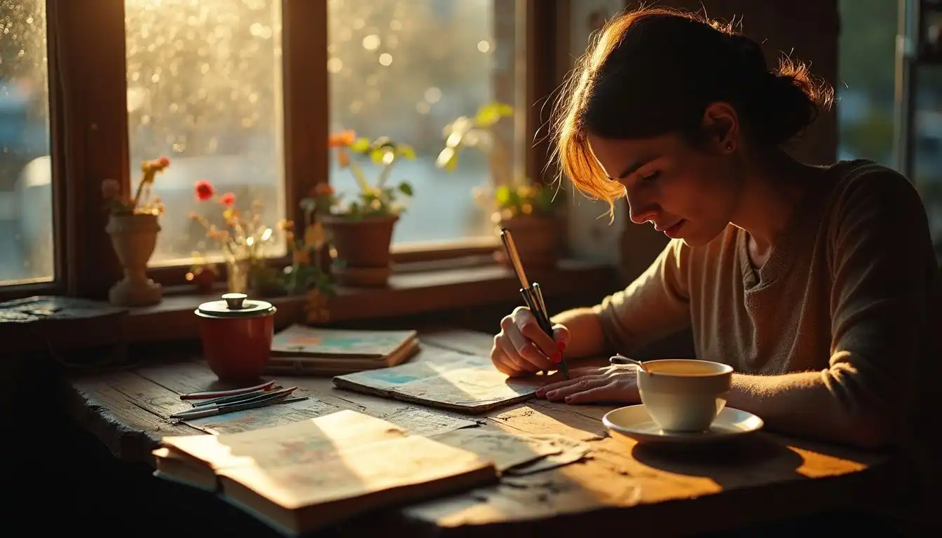 A traveler captures memories in a cozy coffee shop. A traveler captures memories in a cozy coffee shop.