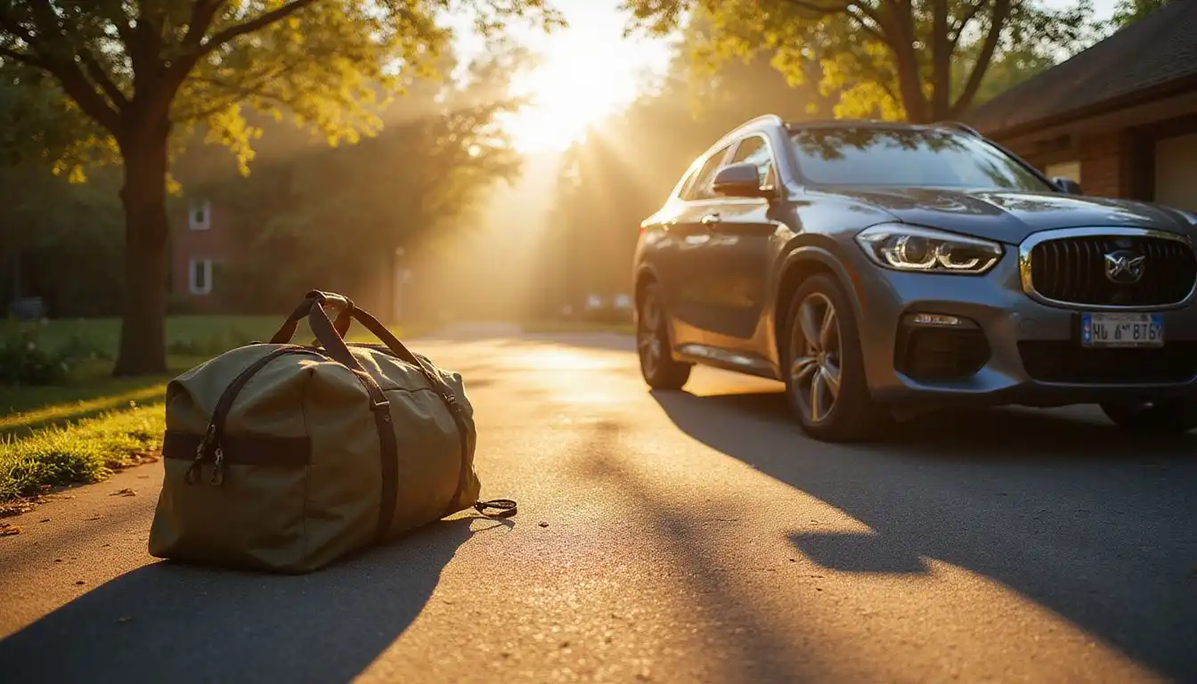 A travel bag beside a car hints at an upcoming adventure. A travel bag beside a car hints at an upcoming adventure.