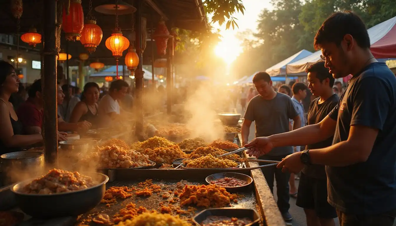 A lively street food market brimming with delicious aromas and bustling energy. A lively street food market brimming with delicious aromas and bustling energy.