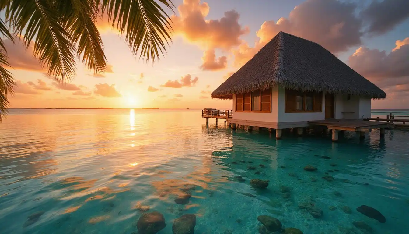 A solitary overwater bungalow in the Maldives at sunset.