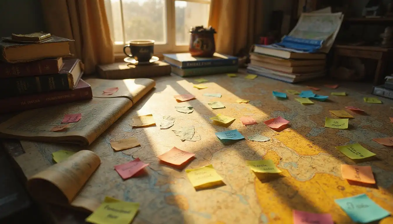 A cluttered desk filled with maps and travel guides suggests adventure. A cluttered desk filled with maps and travel guides suggests adventure.