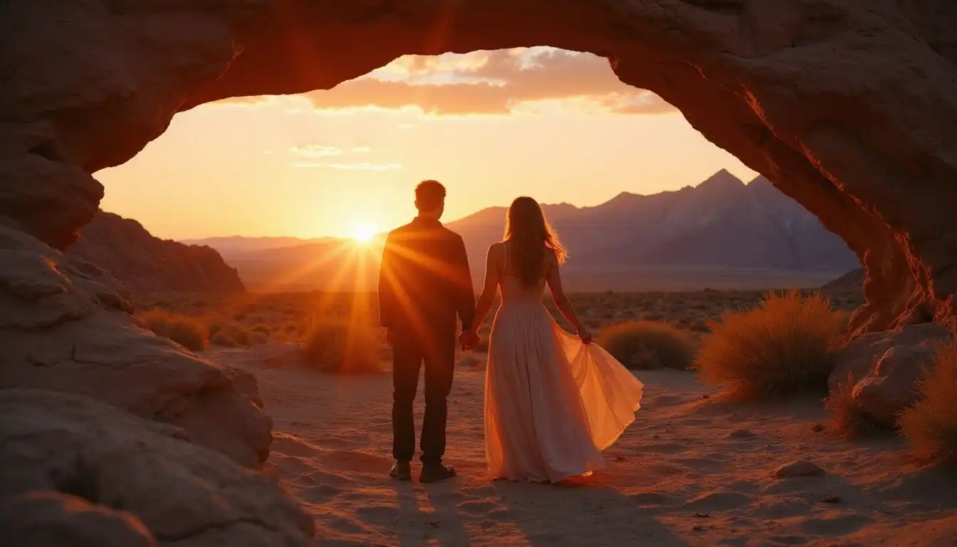 A couple stands together, admiring the stunning landscape at sunset. A couple stands together, admiring the stunning landscape at sunset.