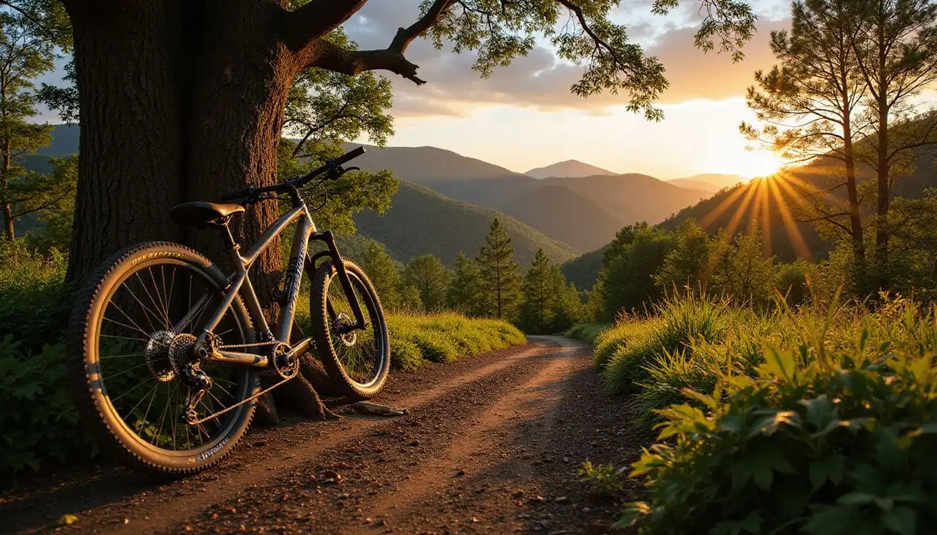 A mountain bike rests against an ancient oak in a lush forest. A mountain bike rests against an ancient oak in a lush forest.