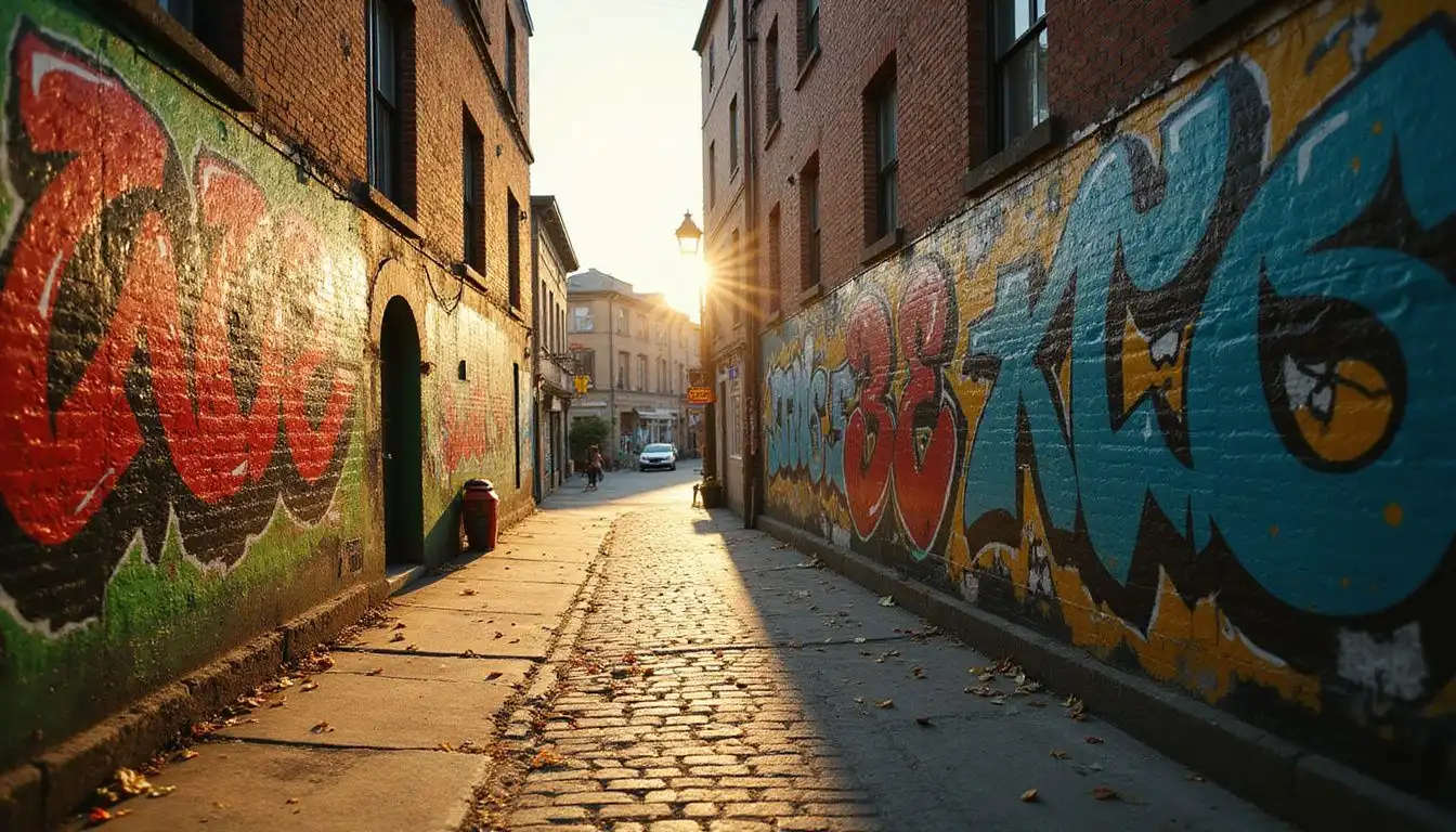 A vibrant alley filled with striking street art and urban resilience.