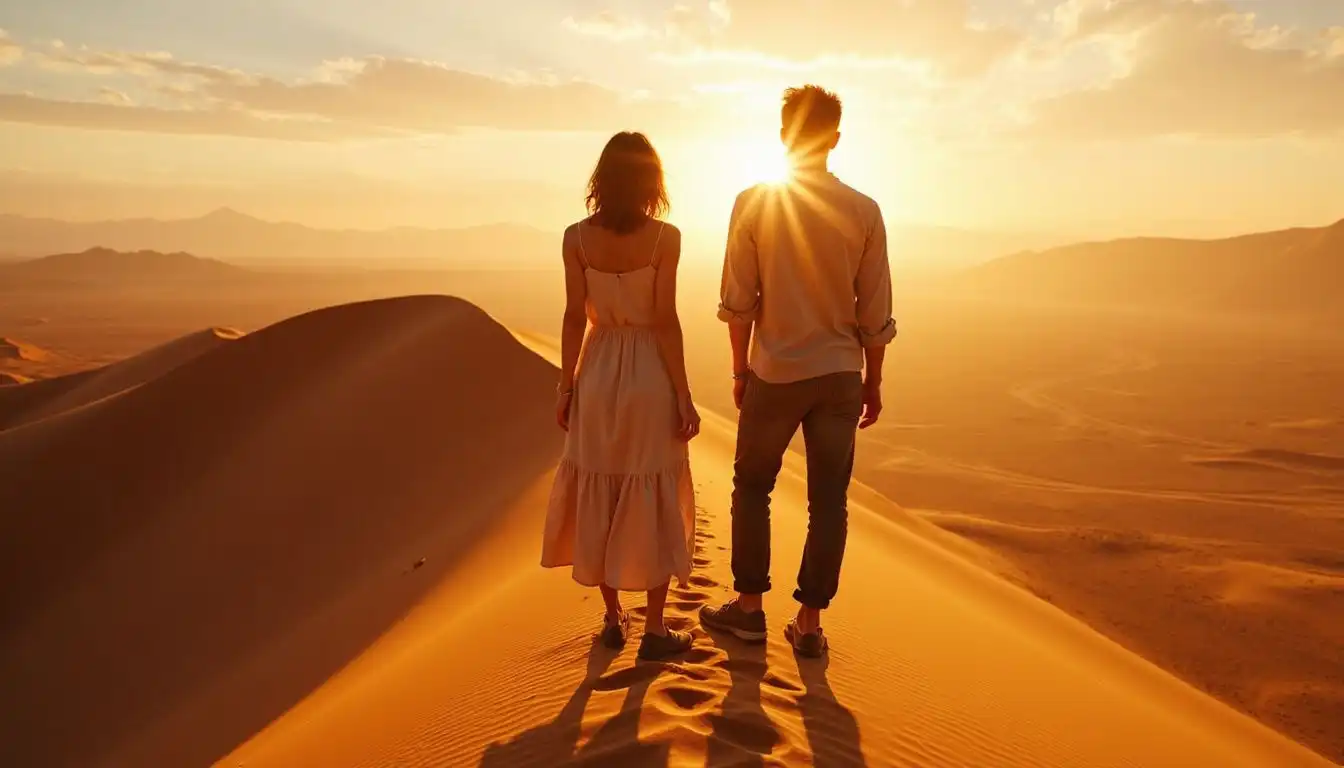 A couple stands triumphantly on a towering red sand dune. A couple stands triumphantly on a towering red sand dune.