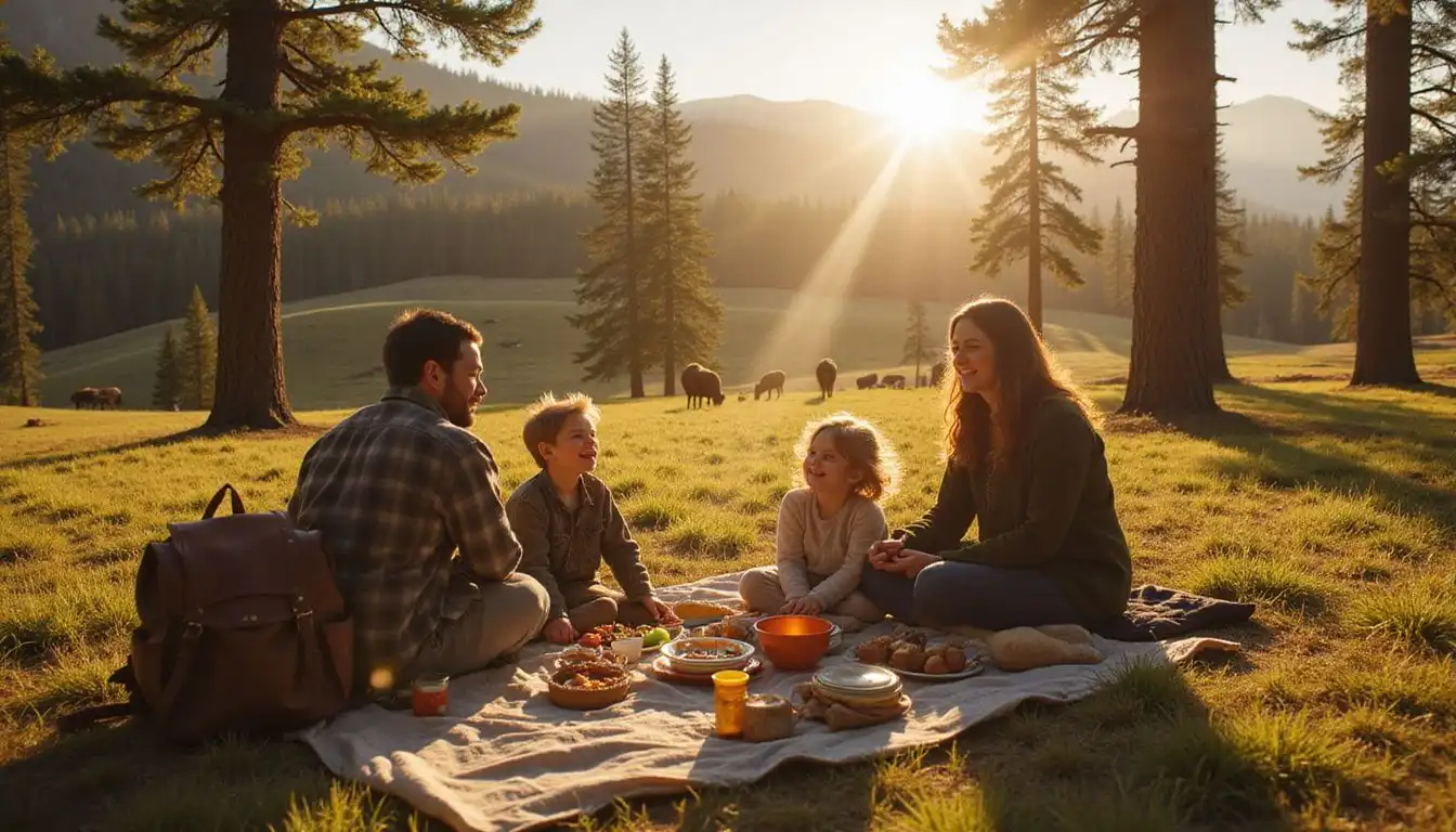 A joyful family picnic in Yellowstone National Park captures cherished moments. A joyful family picnic in Yellowstone National Park captures cherished moments.