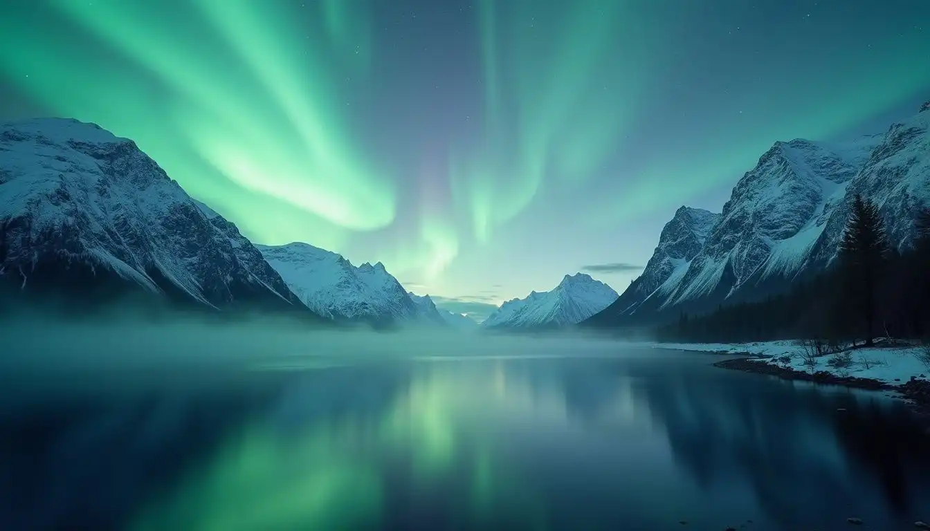 A serene Norwegian fjord surrounded by majestic mountains and northern lights. A serene Norwegian fjord surrounded by majestic mountains and northern lights.