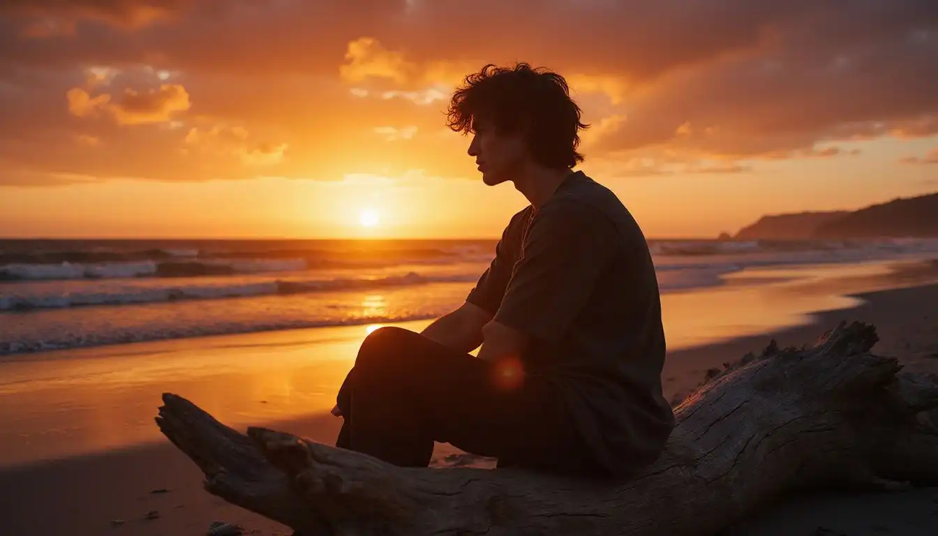 A solitary figure reflects by the ocean at sunset.