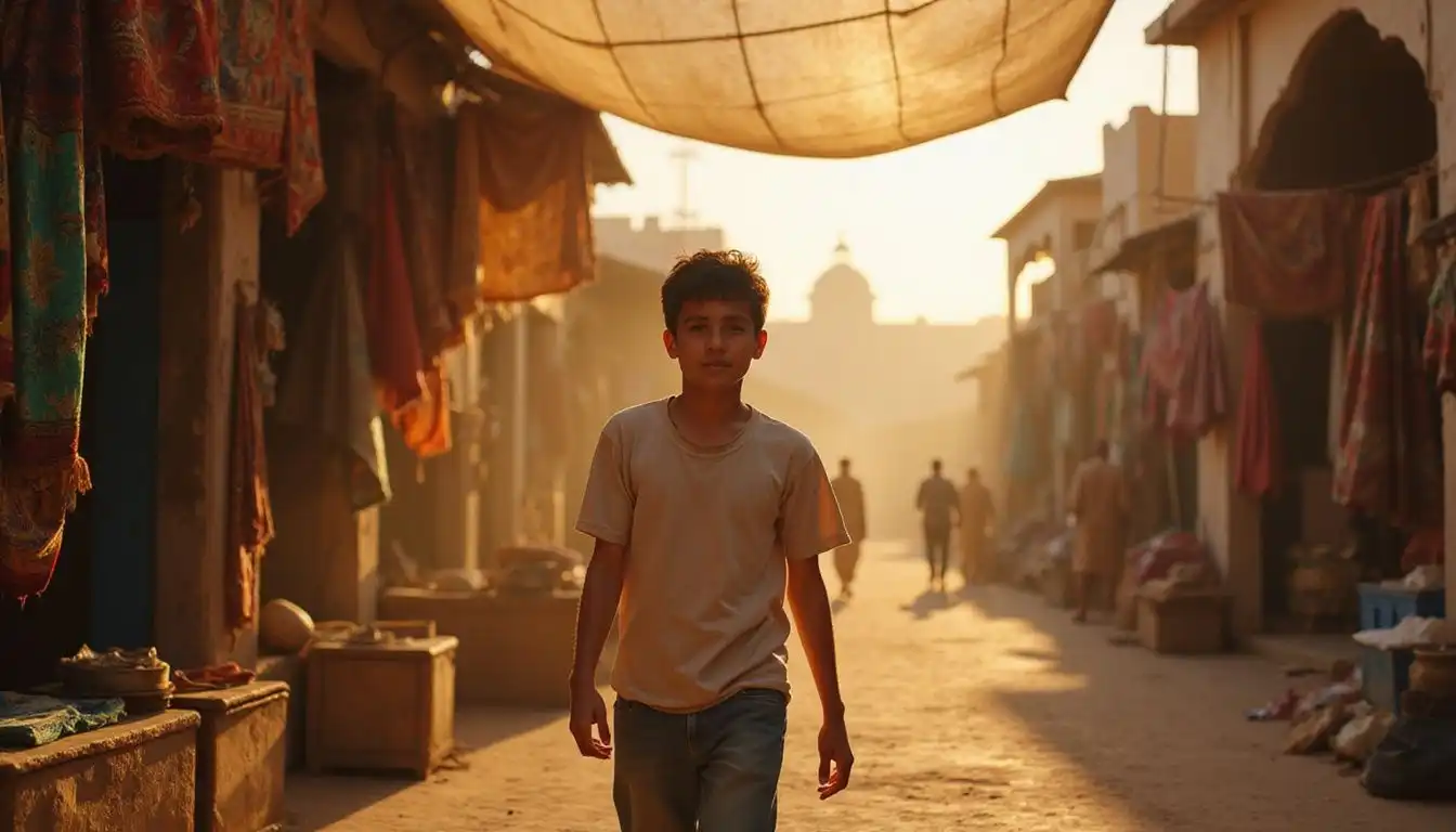 A boy navigates a vibrant market, embodying youthful determination. A boy navigates a vibrant market, embodying youthful determination.