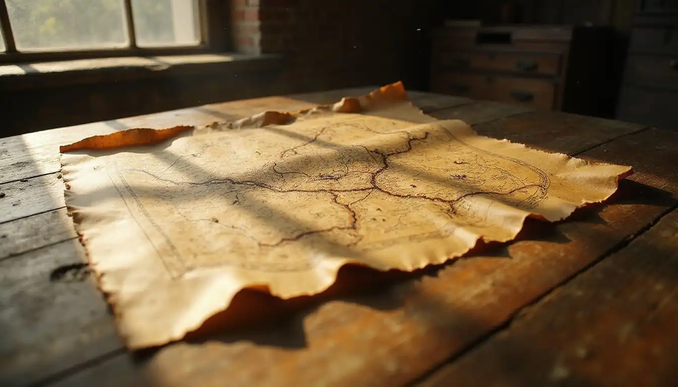 A weathered treasure map lies on a rustic wooden table, inviting adventure. A weathered treasure map lies on a rustic wooden table, inviting adventure.