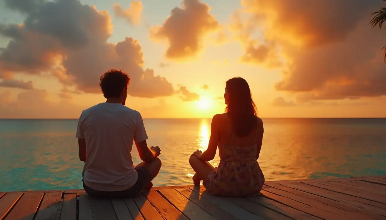 A couple gazes thoughtfully over tranquil waters during a sunset. A couple gazes thoughtfully over tranquil waters during a sunset.
