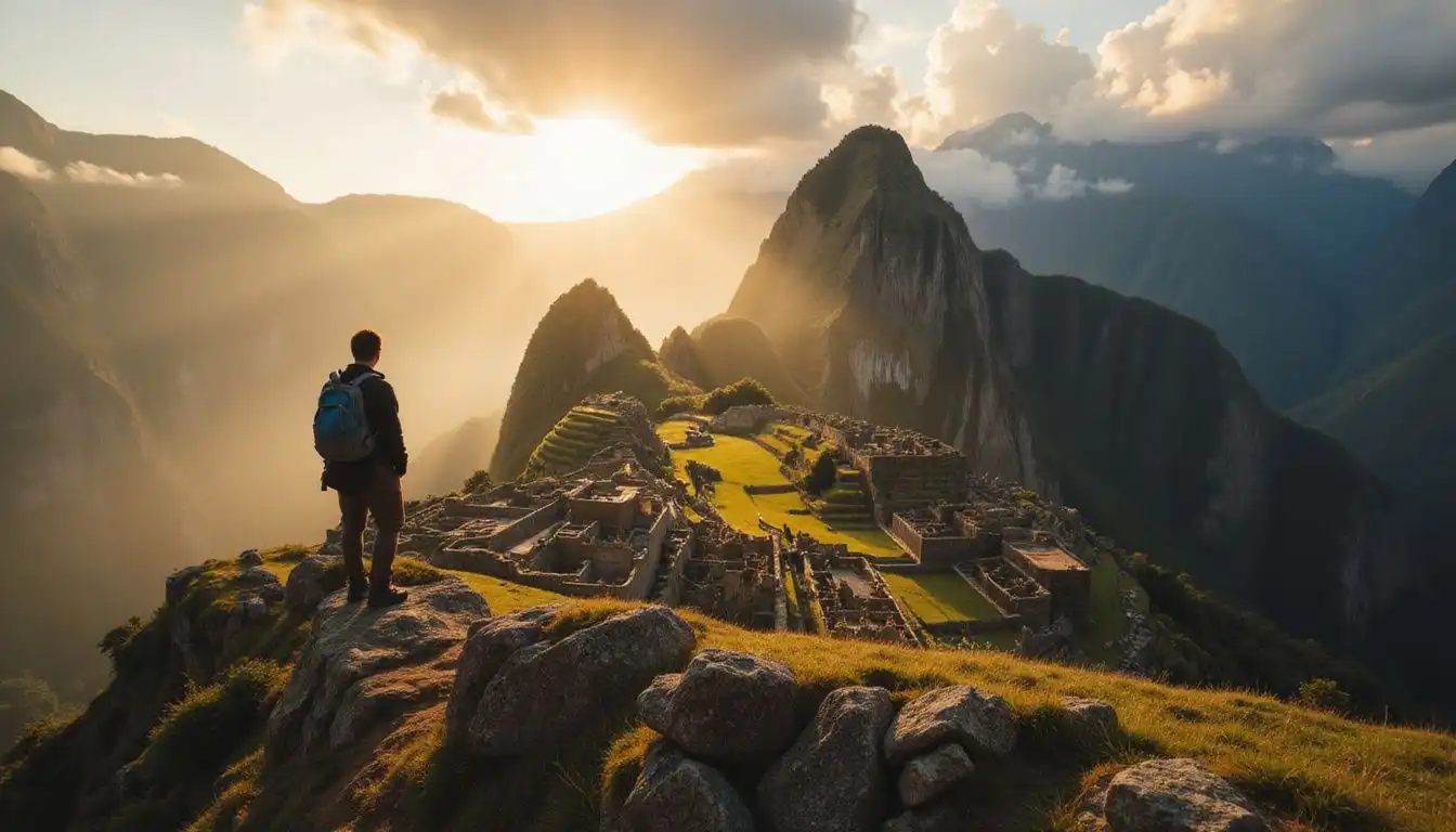 A traveler gazes in awe at the ancient ruins of Machu Picchu. A traveler gazes in awe at the ancient ruins of Machu Picchu.