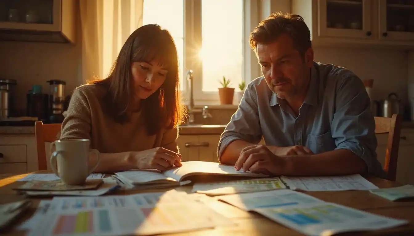 A couple plans their future together at a cluttered kitchen table.