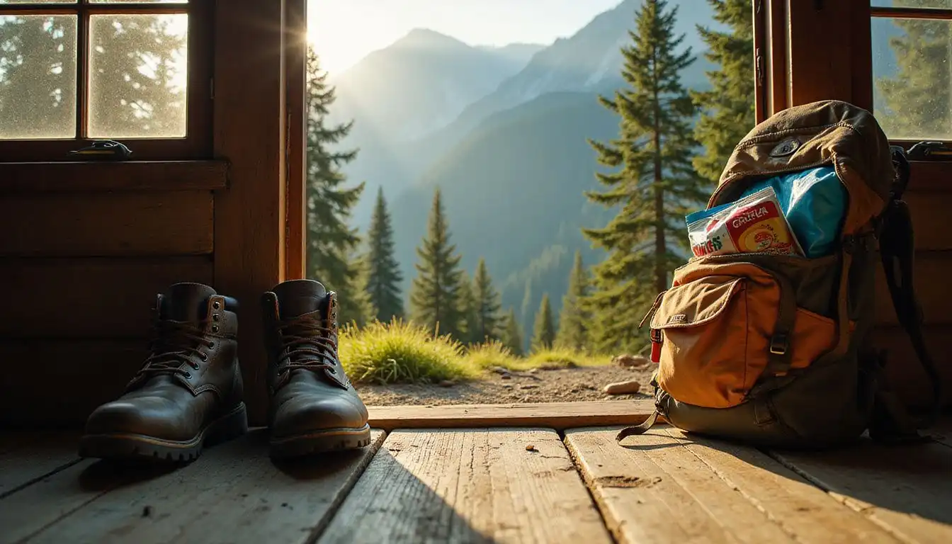 A hiker prepares to explore a misty mountain landscape. A hiker prepares to explore a misty mountain landscape.