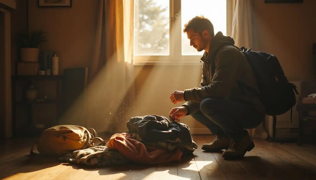 A traveler prepares clothing for an upcoming adventure in a cozy room. A traveler prepares clothing for an upcoming adventure in a cozy room.
