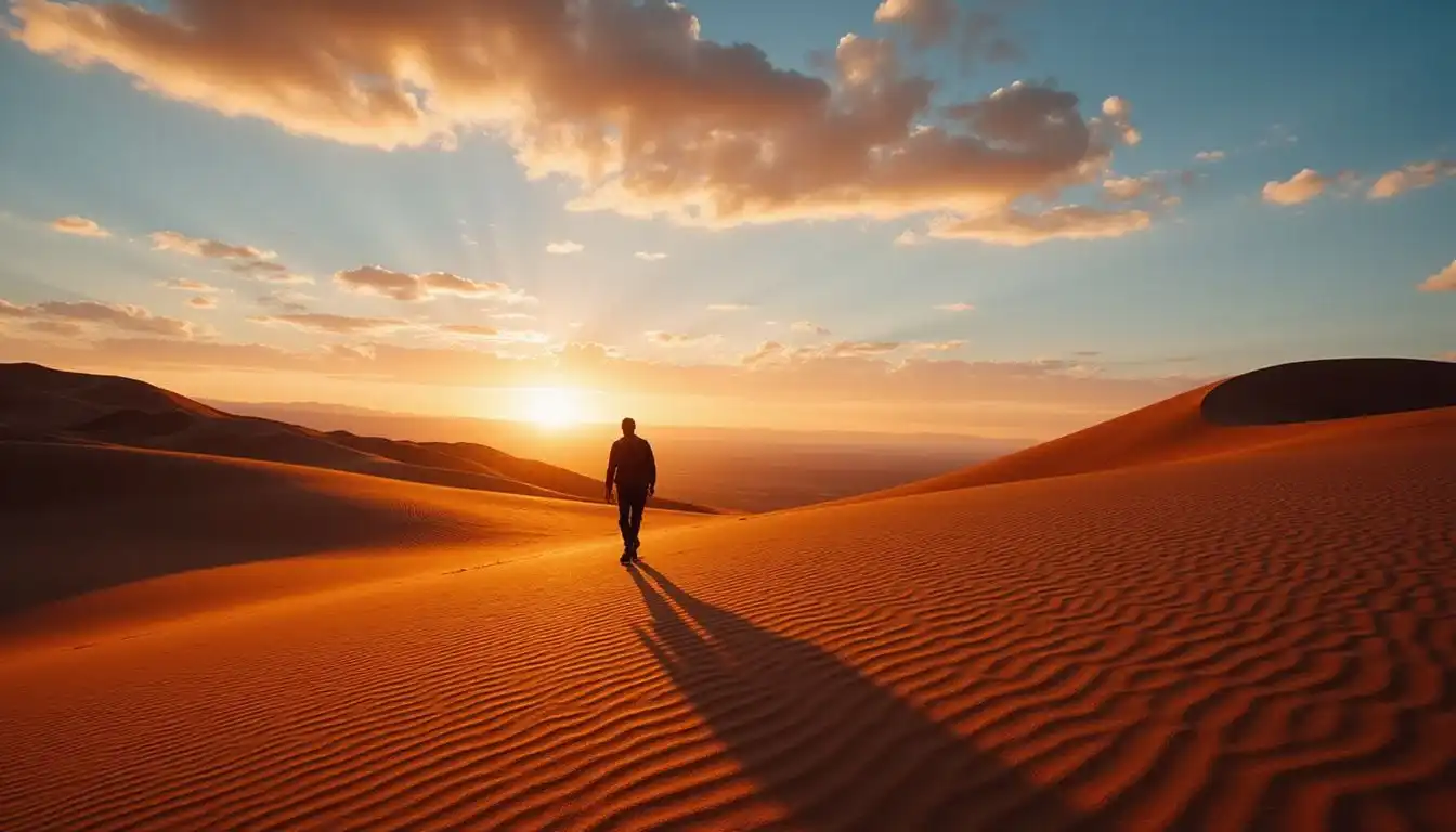 A lone hiker traverses the vibrant Painted Dunes of California. A lone hiker traverses the vibrant Painted Dunes of California.